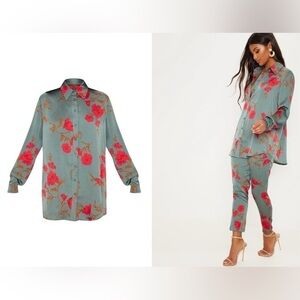 PRETTY LITTLE THINGS GREEN FLORAL OVERSIZED SHIRT/CIGARETTE TROUSERS US 8 BNWT